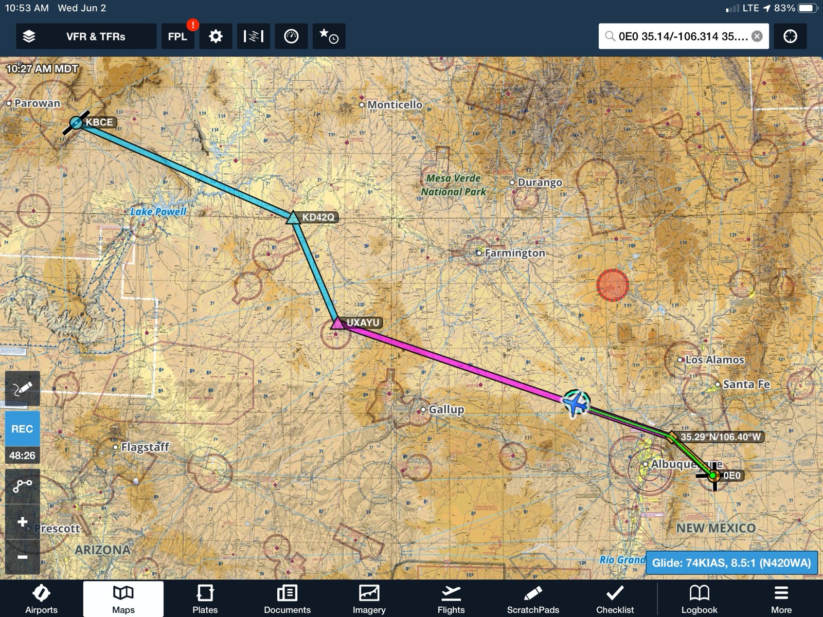 Screenshot showing a flight path