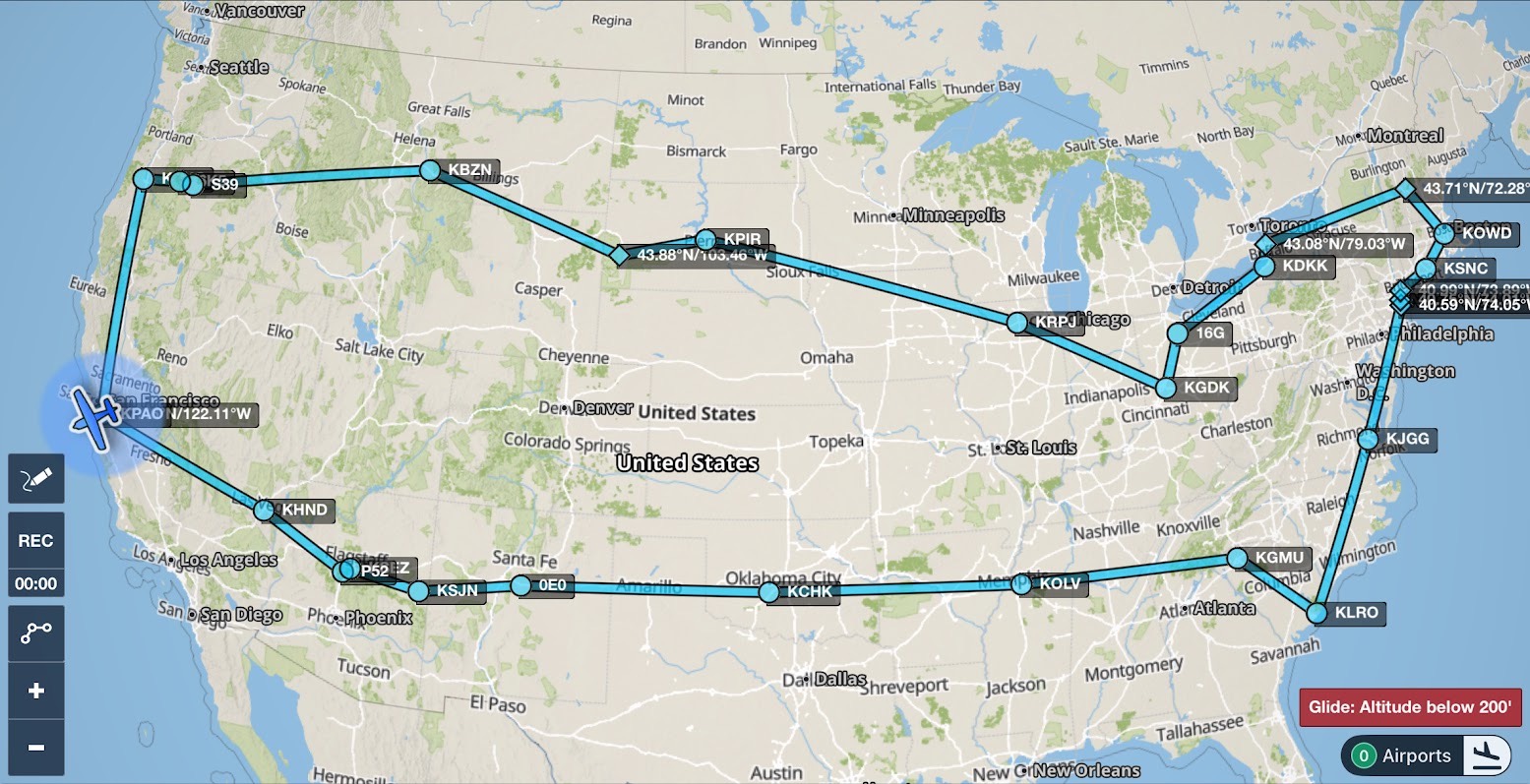 ForeFlight map of the complete route, a loop around the United States from Palo Alto through the Southwest, Southeast, East Coast, Great Lakes, Northern Plains, and Pacific Northwest